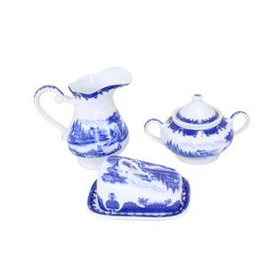 Formalities Blue Scenic Set Sugar Creamer Cheese Butter Baum Brothers Vintage 90
